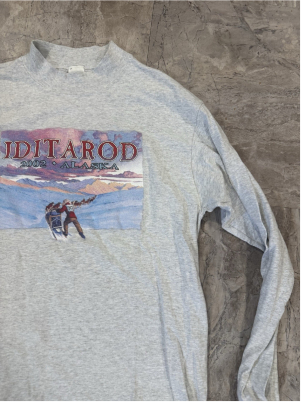VTG Alaska Iditarod 2002 Grey Mockneck Long Sleeve Dogsled Race Cotton USA L